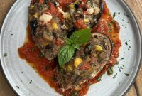 Baked Italian Eggplant Boats with Ground Beef and Cheese