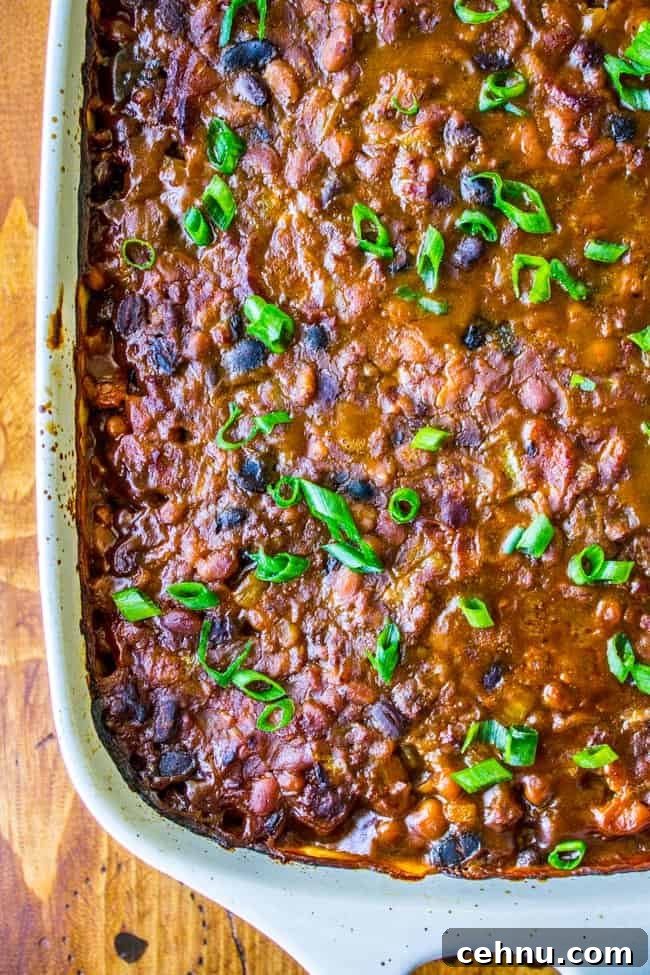 Smoky Baked Beans with Bacon Recipe 4 a pan of bacon and beef baked beans.