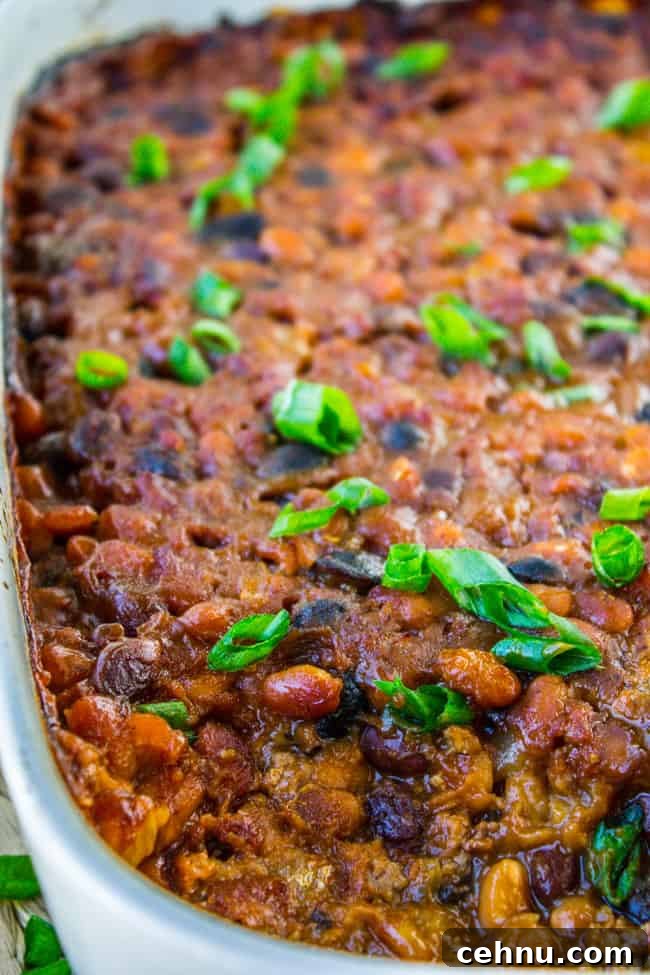 Smoky Baked Beans with Bacon Recipe 5 a pan of baked beans.