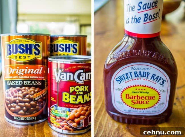 Smoky Baked Beans with Bacon Recipe 6 canned beans and bottled barbecue sauce.