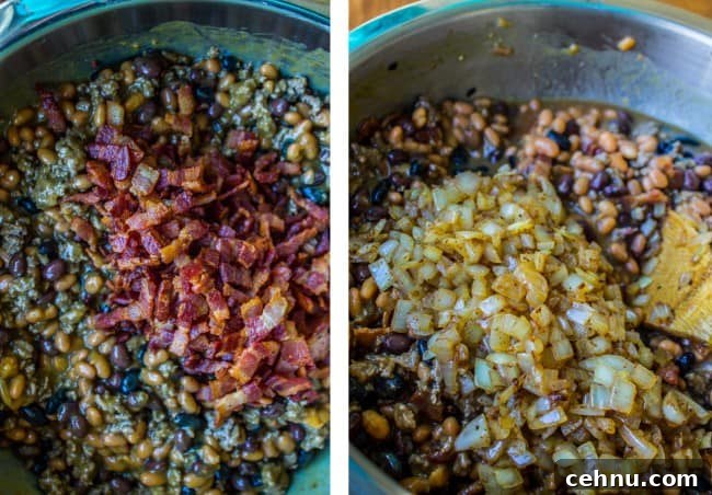 Smoky Baked Beans with Bacon Recipe 7 baked bean and beef mixture with bacon and onions on top.