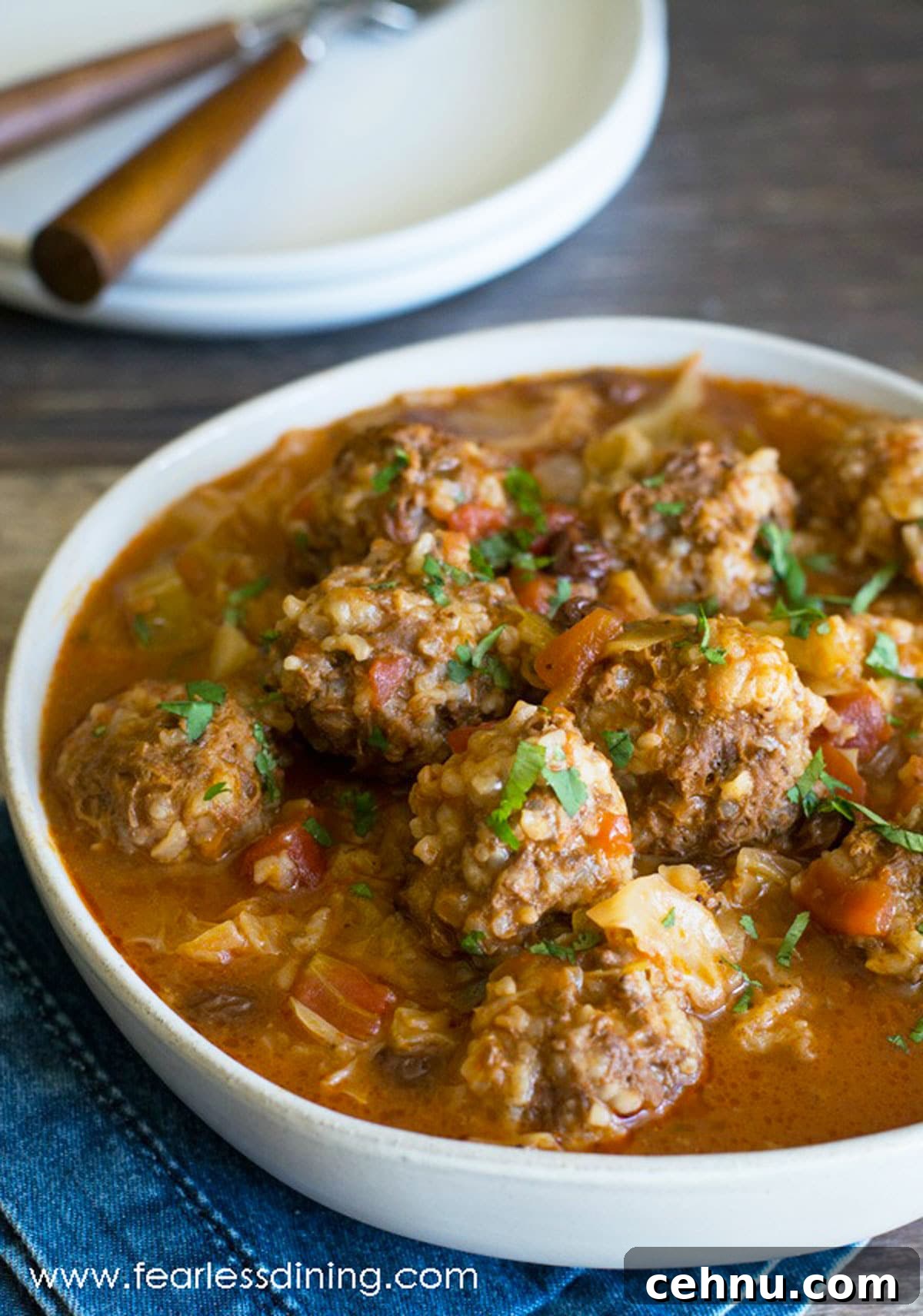 A serving bowl filled with cabbage and meatballs.