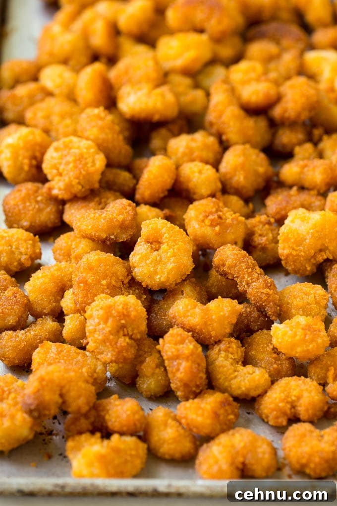 A pan of cooked popcorn shrimp.