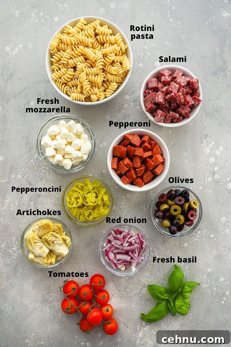 Ingredients used to make an Italian antipasto pasta salad