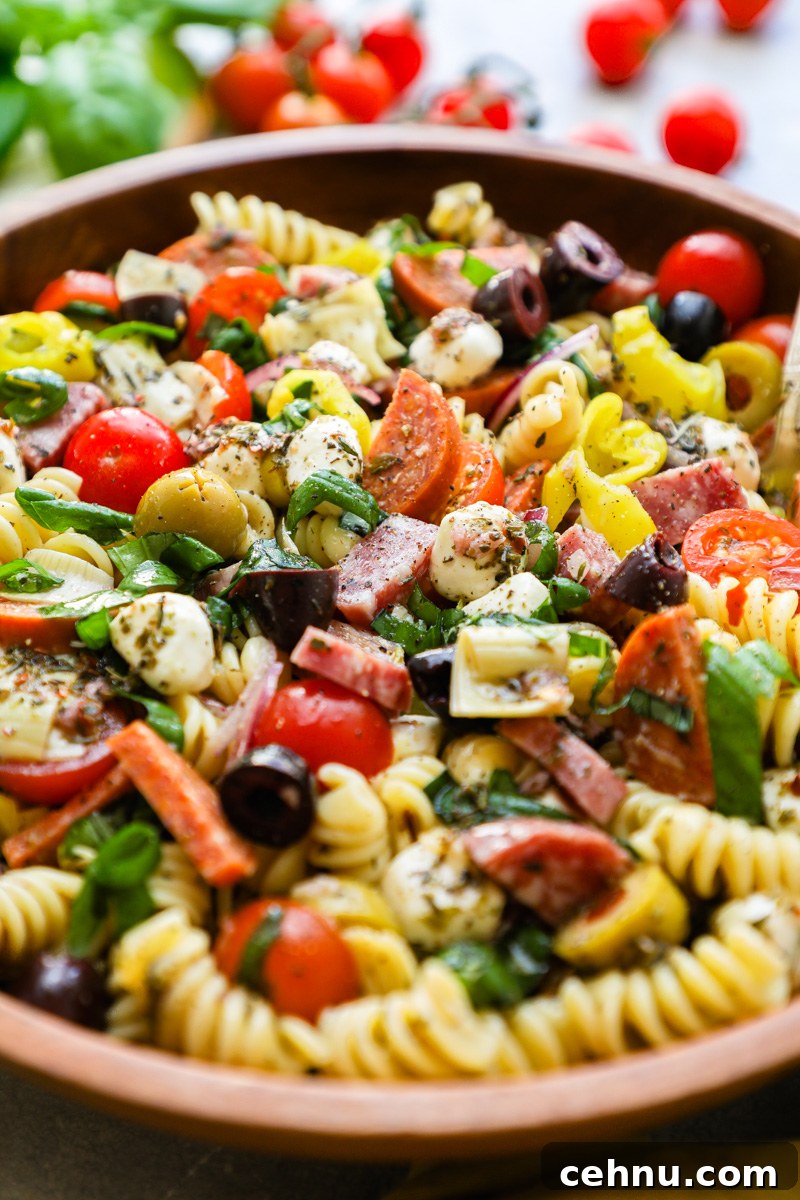 A close up photo of Italian antipasto pasta salad topped with sliced fresh basil