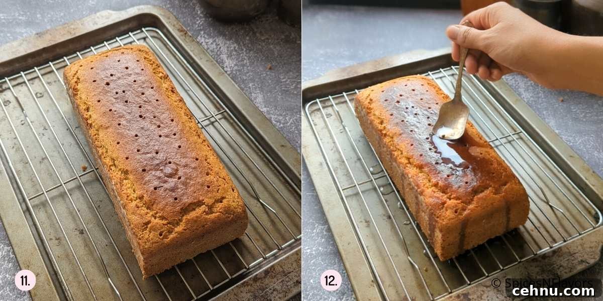 add sugar syrup to the cake poked with holes