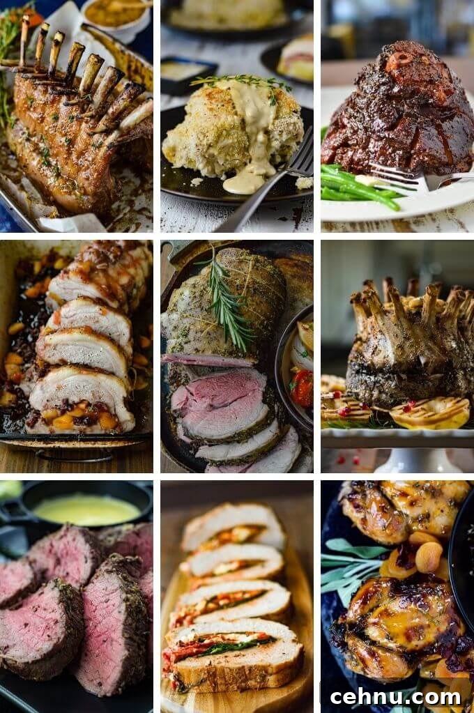 9 Elegant Christmas Dinner Main Course Recipes 2 Nine photos in a collage that highlight elegant main dish recipes for the Holidays.