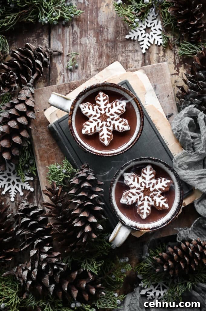 Authentic French Hot Chocolate Recipe 4 Two mugs of hot chocolate topped with snowflake marshmallow on a wood table surrounded by pinecones.
