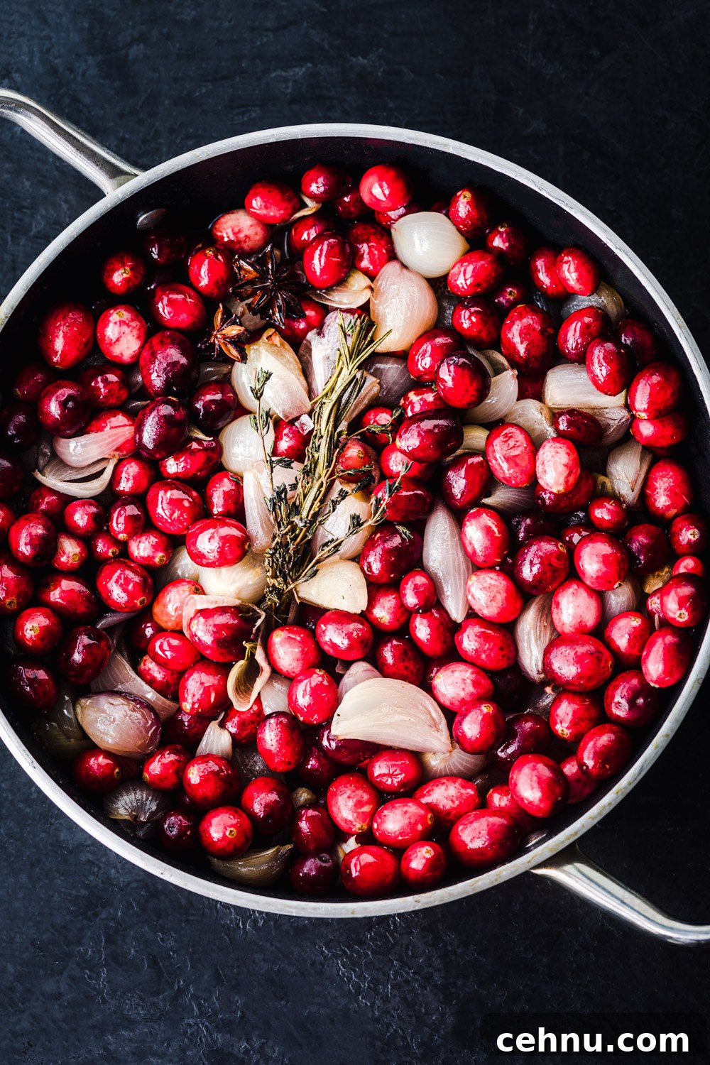 No-Knead Cranberry Rosemary Focaccia with Caramelized Shallots 5 Shallot mixture topped with cranberries.