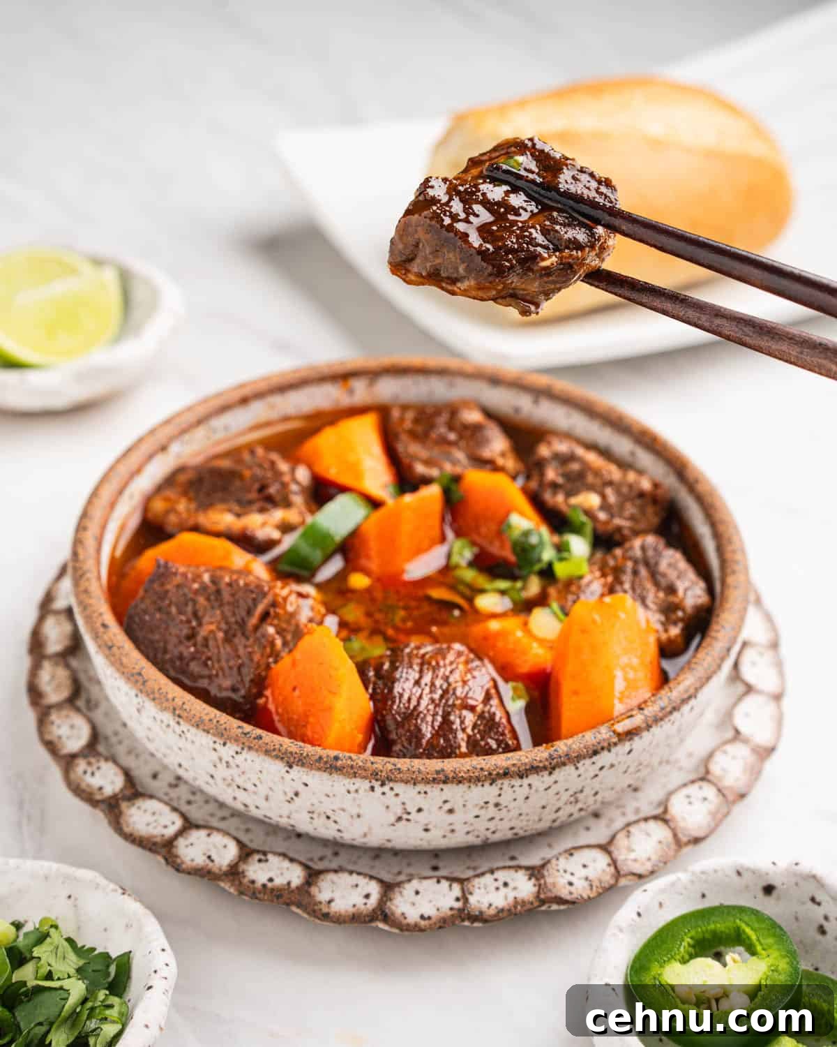 Vietnamese Beef Stew Bo Kho Recipe 13 chopsticks holding up a chunk of beef from bo kho.