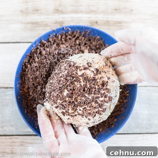 No-Bake Low-Carb Chocolate Chip Cheeseball 17 Rolling in Grated Chocolate | Low-Carb, So Simple