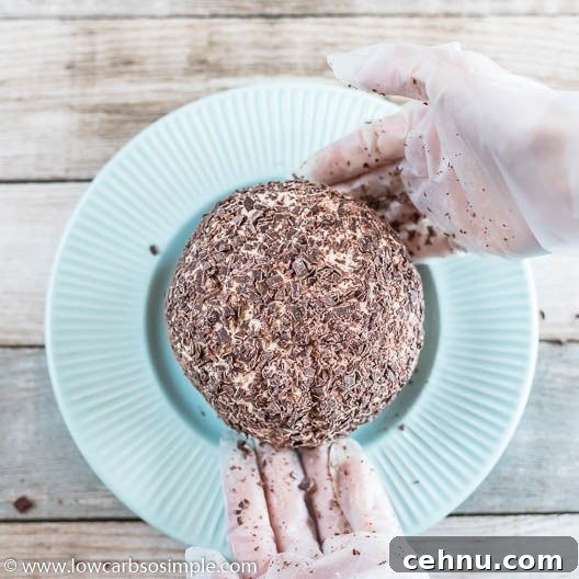 No-Bake Low-Carb Chocolate Chip Cheeseball 18 Placing on a Serving Plate | Low-Carb, So Simple