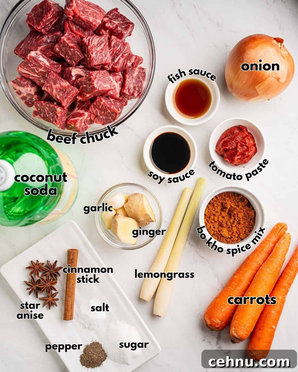 Vietnamese Beef Stew Bo Kho Recipe 3 labeled ingredients for bo kho.