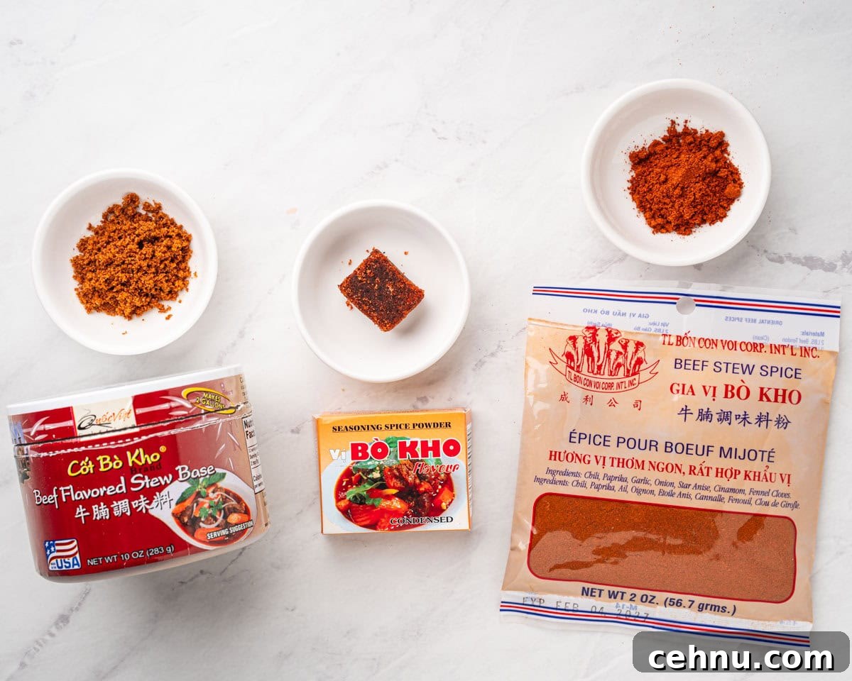 Vietnamese Beef Stew Bo Kho Recipe 4 3 different bo kho seasonings in original packaging and in bowls.