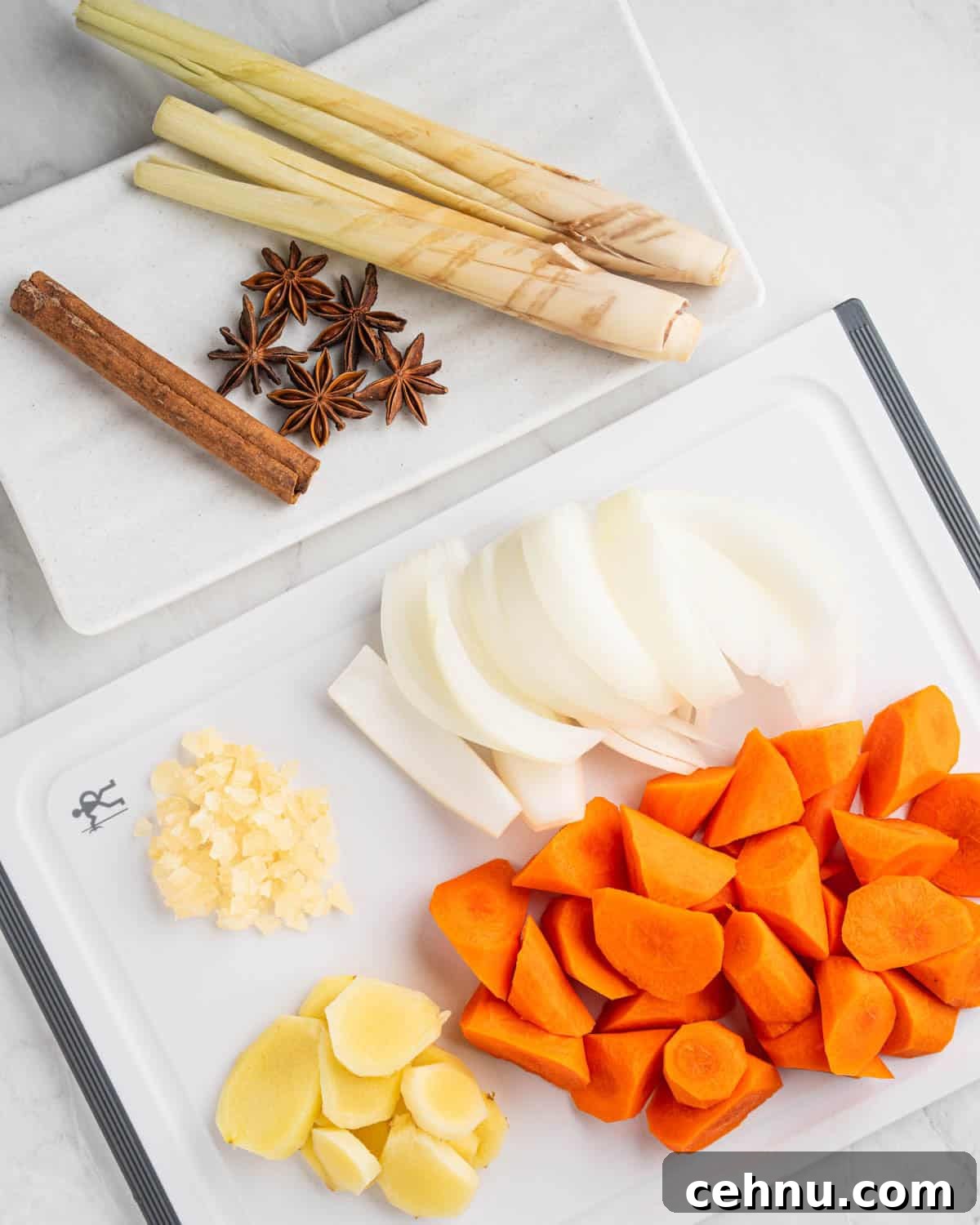 Vietnamese Beef Stew Bo Kho Recipe 7 chopped ingredients on cutting board.