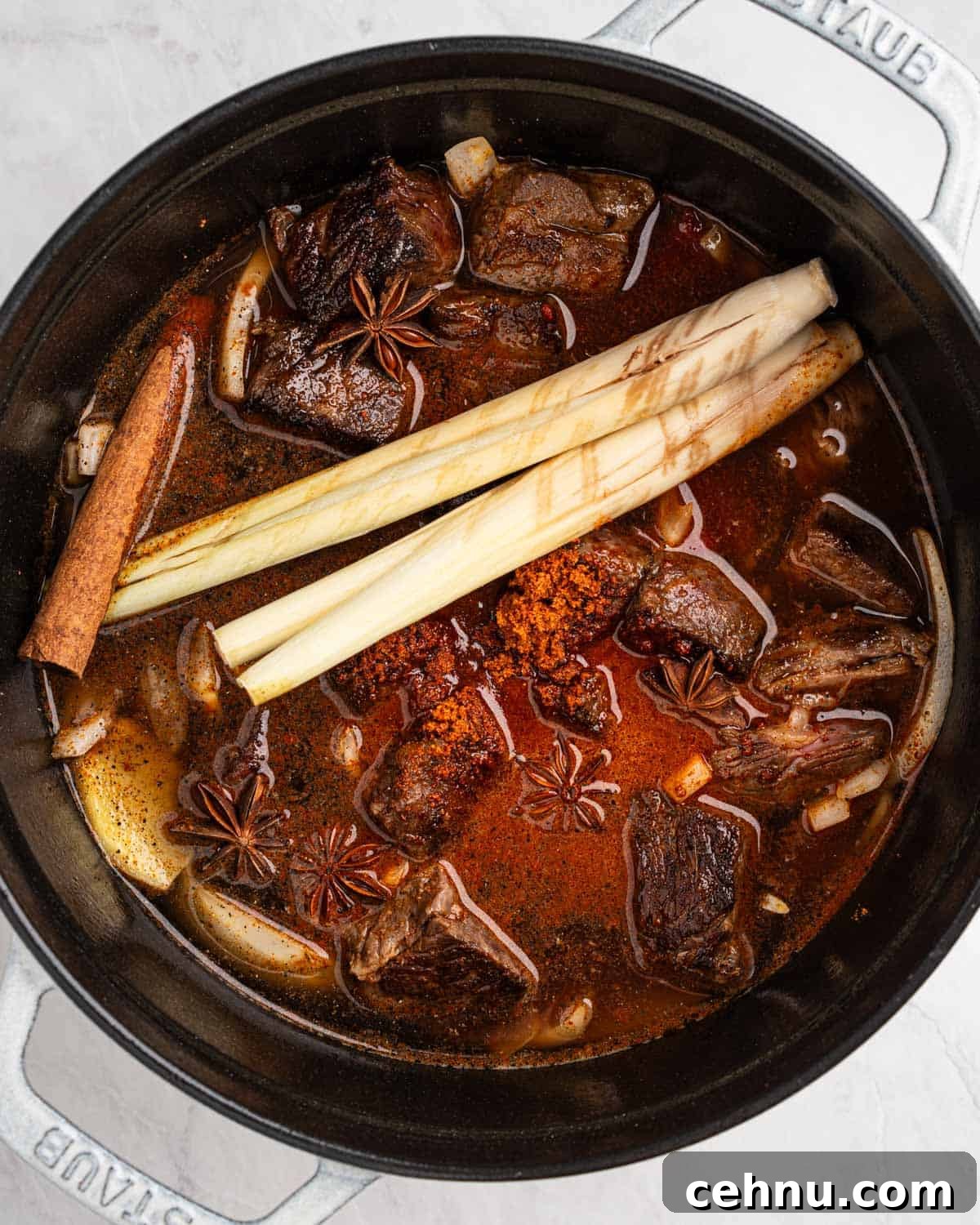 Vietnamese Beef Stew Bo Kho Recipe 10 all ingredients for bo kho in dutch oven before cooking.