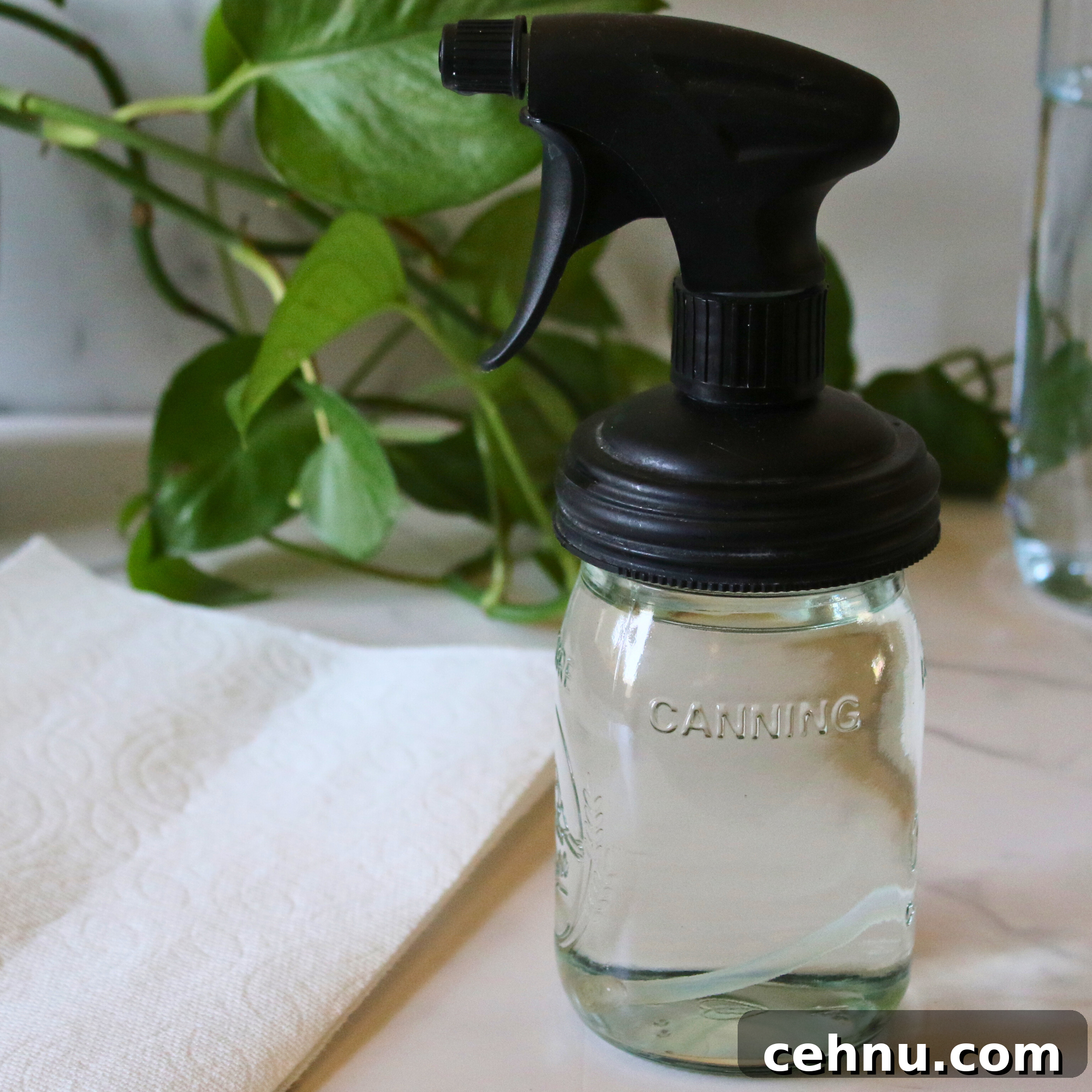 DIY Window Cleaner Recipe for Streak-Free Glass 2 A glass jar filled with window cleaner with a spray nozzle.
