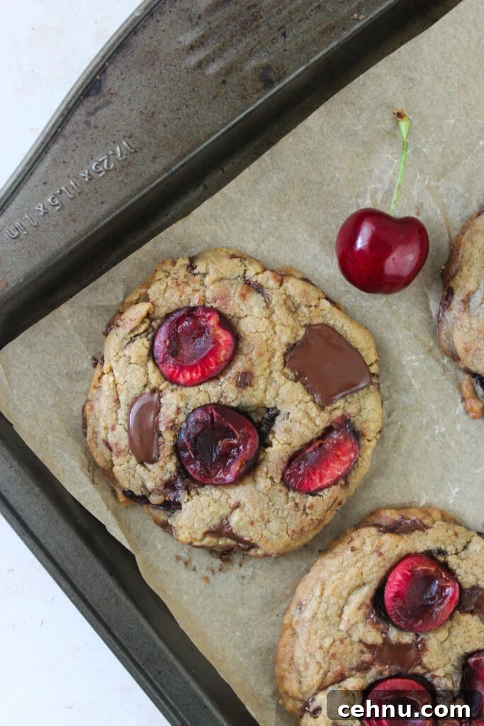 Cherry dark chocolate cookies on a cooling rack