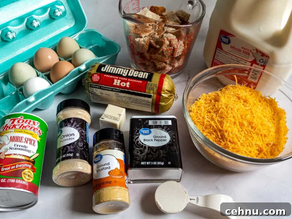 Ingredients: eggs, bread, sausage, cheese, milk, butter, flour, ground mustard, and seasonings