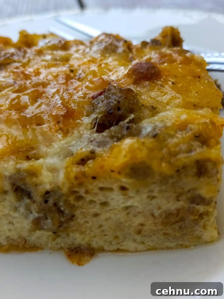 close up of a slice of egg casserole