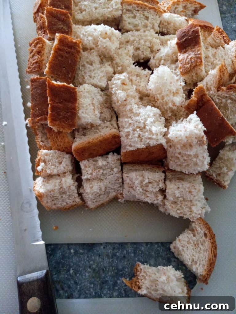 cutting bread slices into cubes