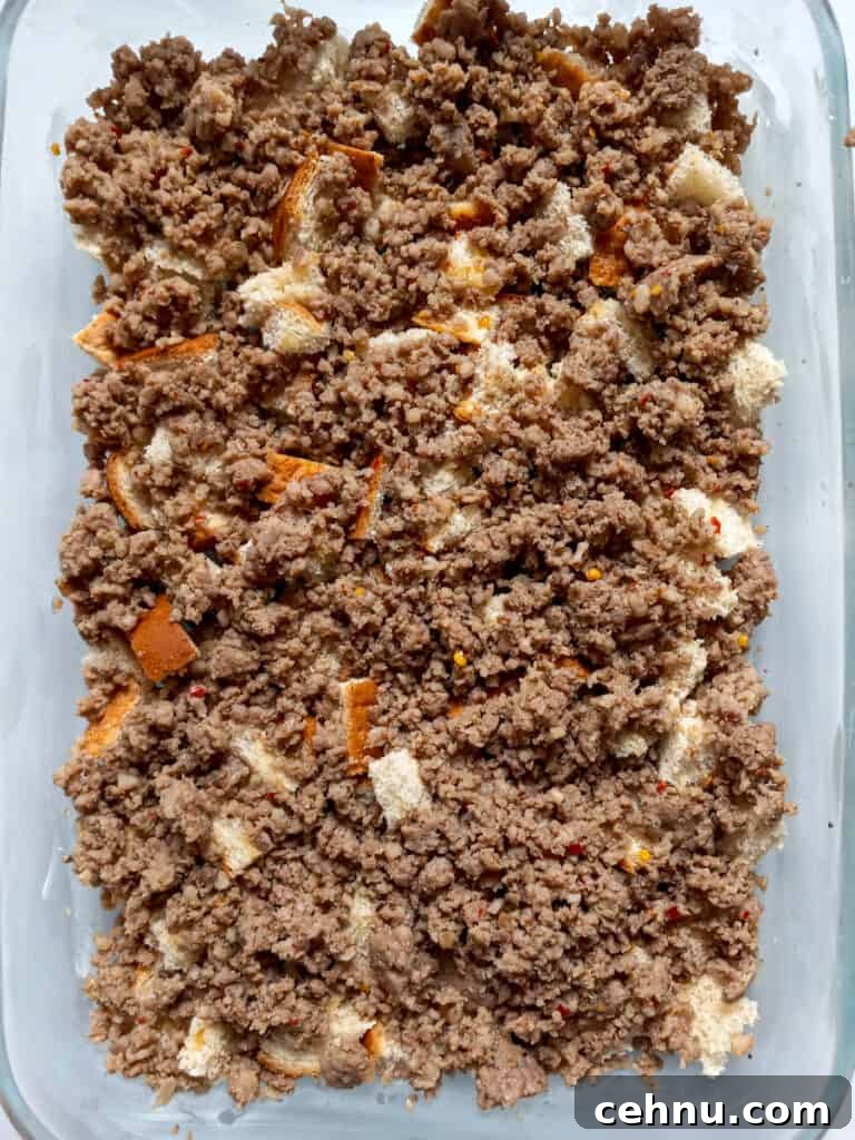 bread cubes and meat in pan