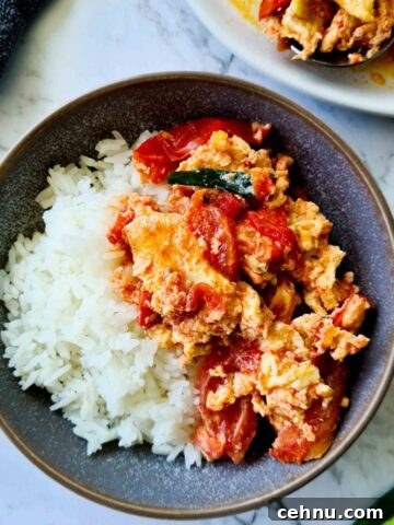 A bowl of rice with tomato egg stir fry