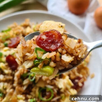 Close up of a spoonful of Chinese sausage fried rice with a full plate in the background