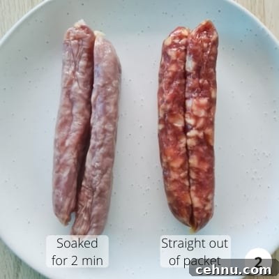 Comparison image of 2 soaked sausages next to 2 unsoaked sausages on a plate