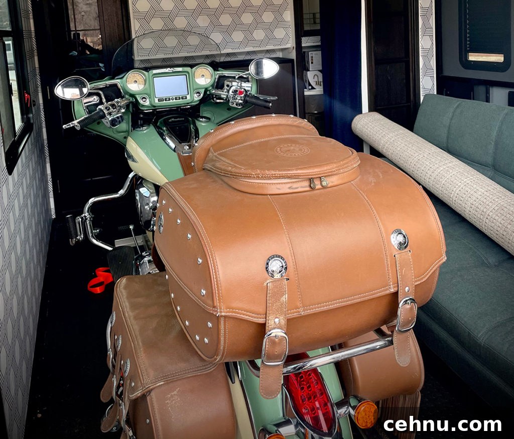 Lets Get Lost February 2022 Travel Inspiration 19 Our motorcycle inside the garage of our 5th wheel RV.