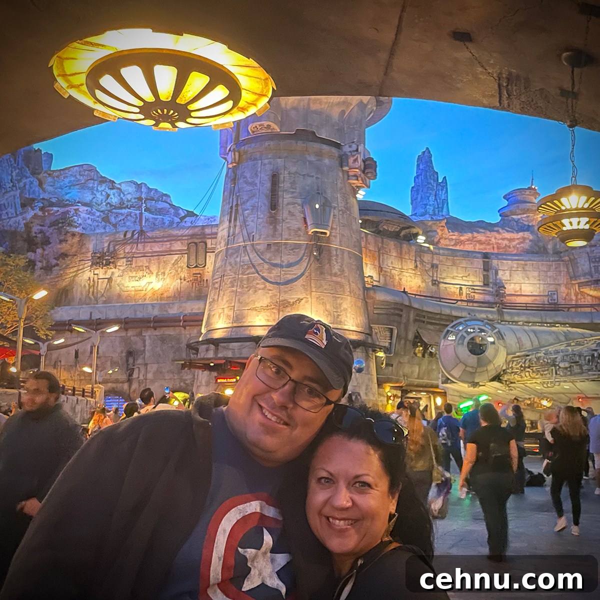 Lets Get Lost February 2022 Travel Inspiration 24 Steve and Rebecca Blackwell at Galaxy's Edge, the Star Wars exhibit in Disneyland, California.
