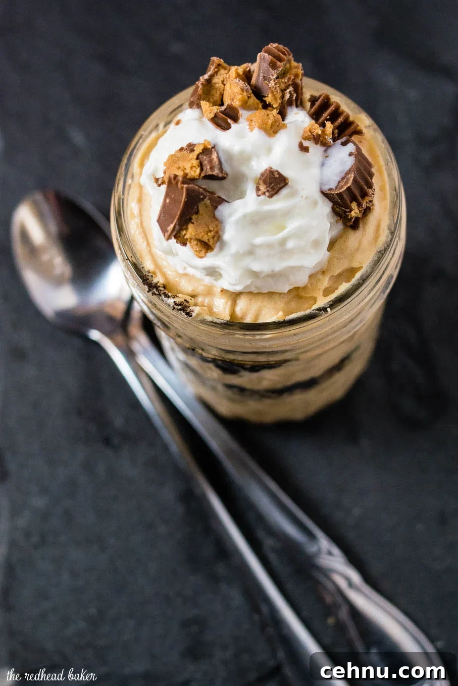 Overhead view of a peanut butter mousse parfait