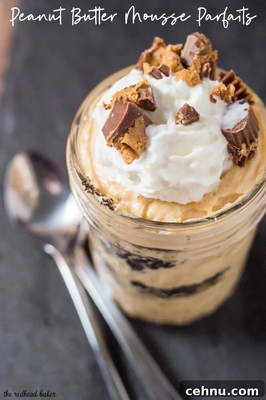 Overhead view of a peanut butter mousse parfait.
