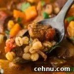15+ Homemade Soup Recipes for Cozy Weeknight Meals 18 Close up of instant pot beef and barley soup in a spoon.