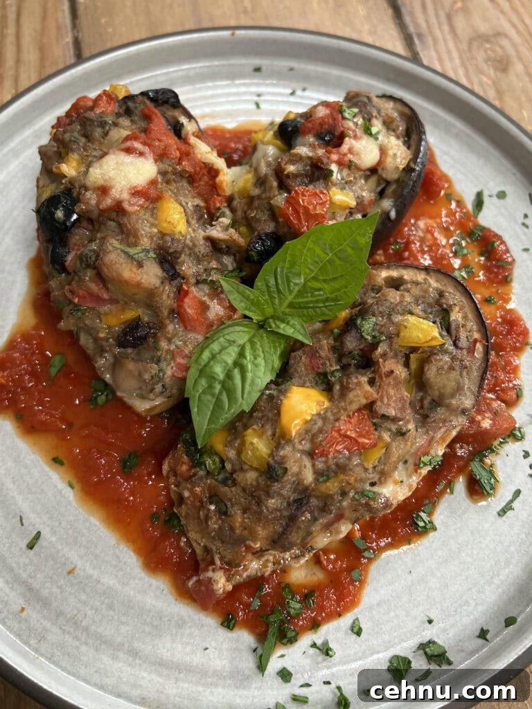 Italian Stuffed Eggplant over a bed of tomato sauce on dinner plate with fresh basil garnish.