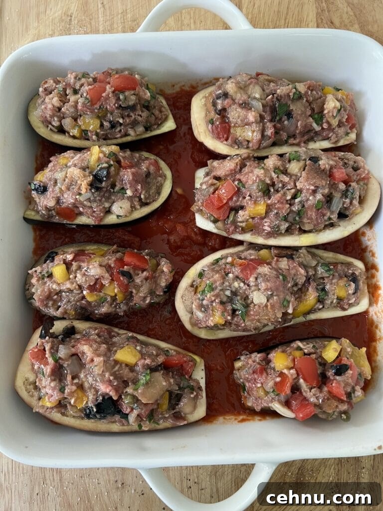 Eggplant stuffed and placed over tomato sauce in a baking dish ready to be roasted.