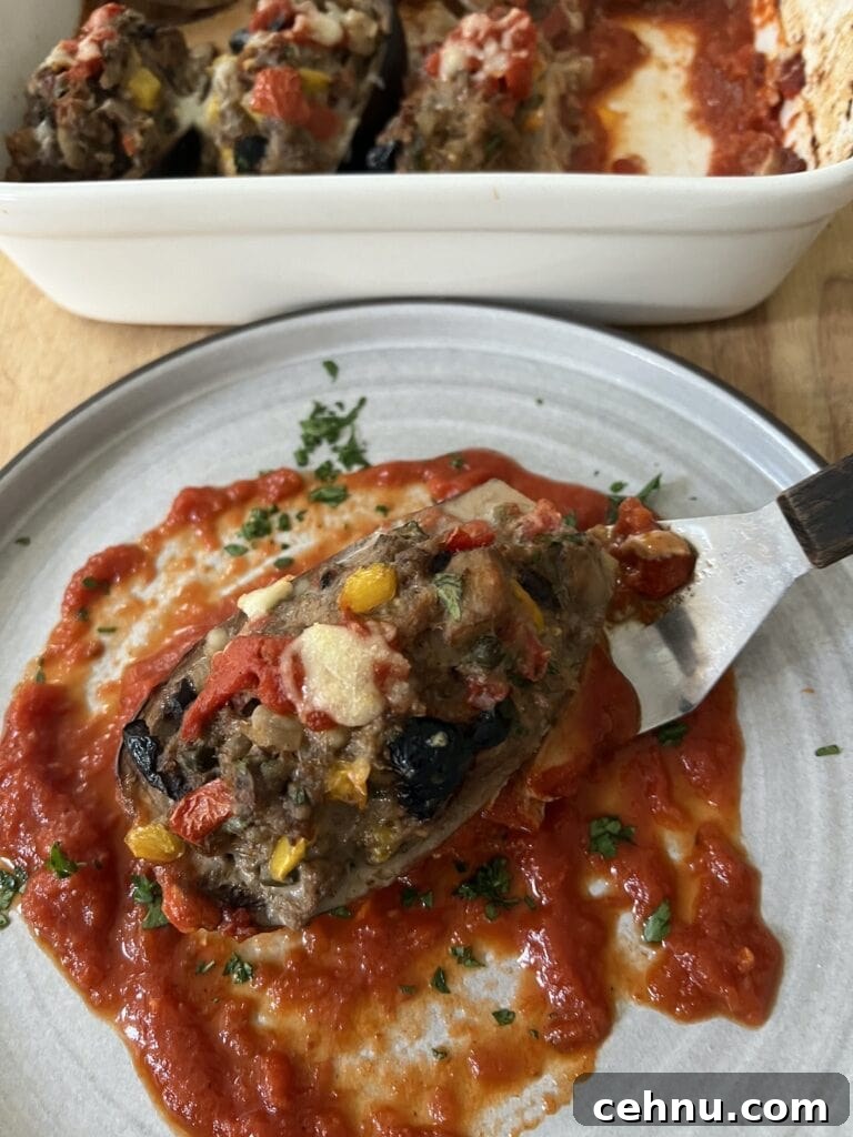 Placing a roasted stuffed Italian eggplant on tomato sauce on a white dish with a spatula.