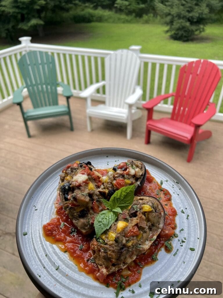 Italian Stuffed Eggplant over a bed of tomato sauce on dinner plate with fresh basil garnish with deck chairs in background.