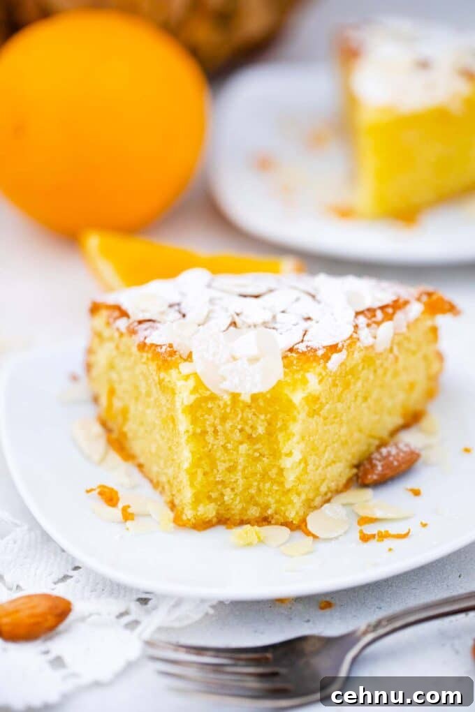 frontal shot of a slice of italian almond orange cake with another slice in the background and an orange