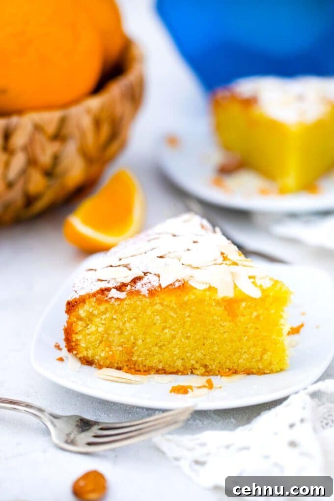 a slice of gluten free almond orange cake topped with powdered sugar and slivered almonds with another slice in the background