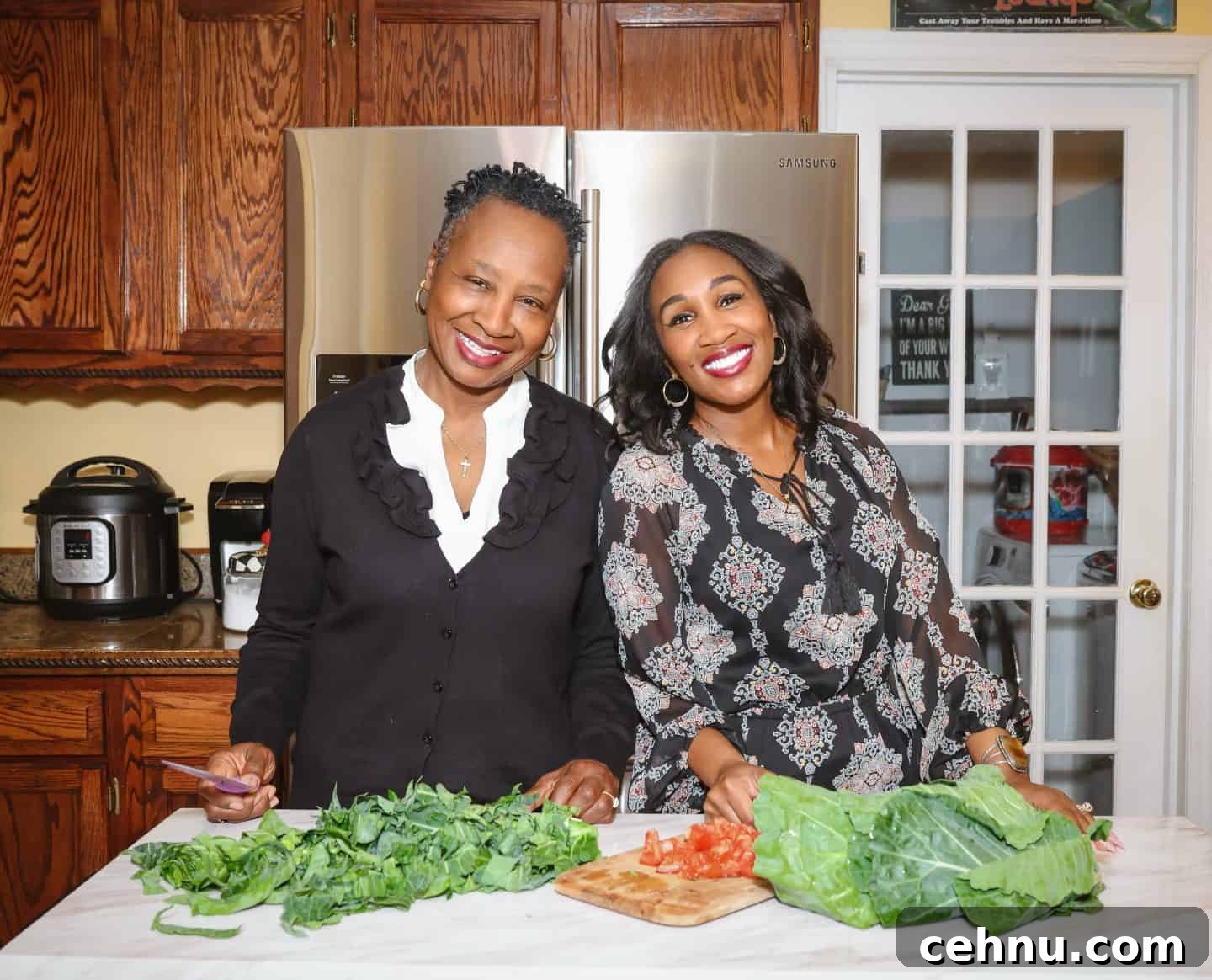 Collard greens the Black way By Shaunda Necole & The Soul Food Pot® - Recipe creator, Shaunda Necole, and her mom are preparing fresh collard greens together in her home kitchen, chopping leafy greens the traditional Black folks’ way, and showcasing generational soul food cooking, family traditions, and African American culinary heritage.