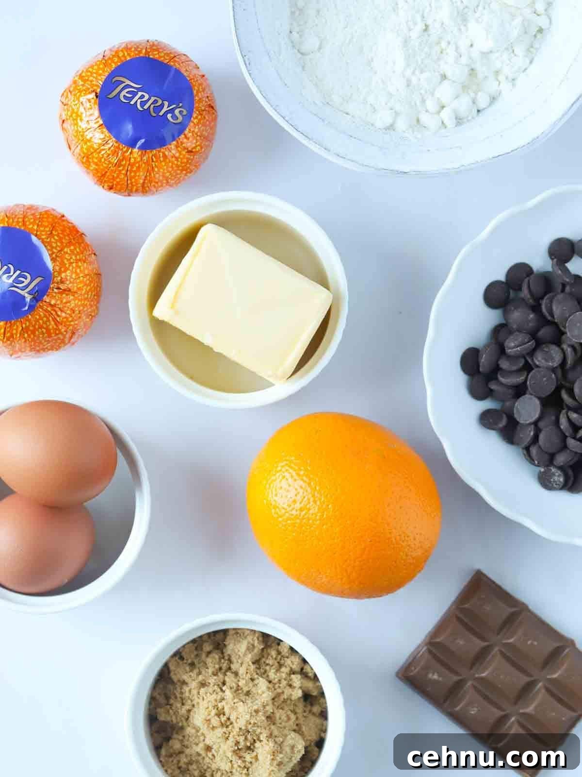 The ingredients for Chocolate Orange Brownies laid out on a counter top.