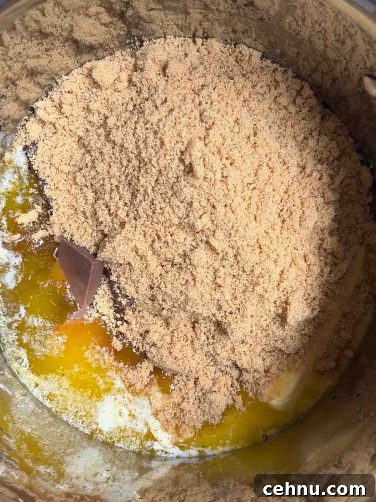 Raw ingredients in a pan for chocolate orange brownies.