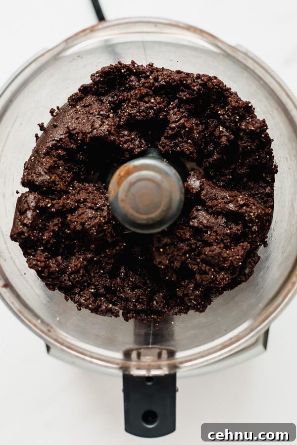 blended no bake brownie mixture in a food processor