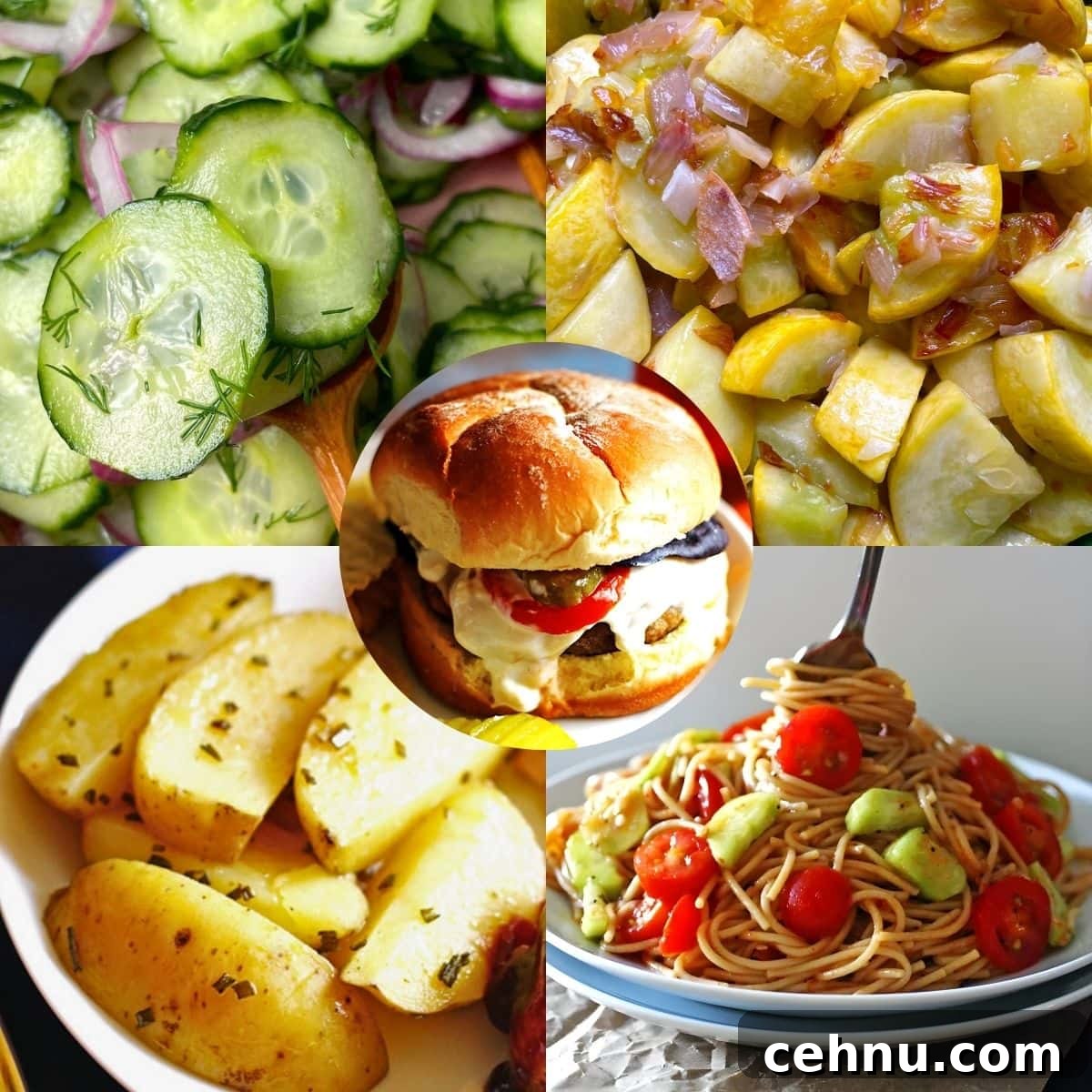 42 Delicious Sides to Serve with Burgers and Hot Dogs 21 A collage of images showing healthy sides to serve with burgers and hot dogs - sautéed squash, potato wedges, and cucumber salad.