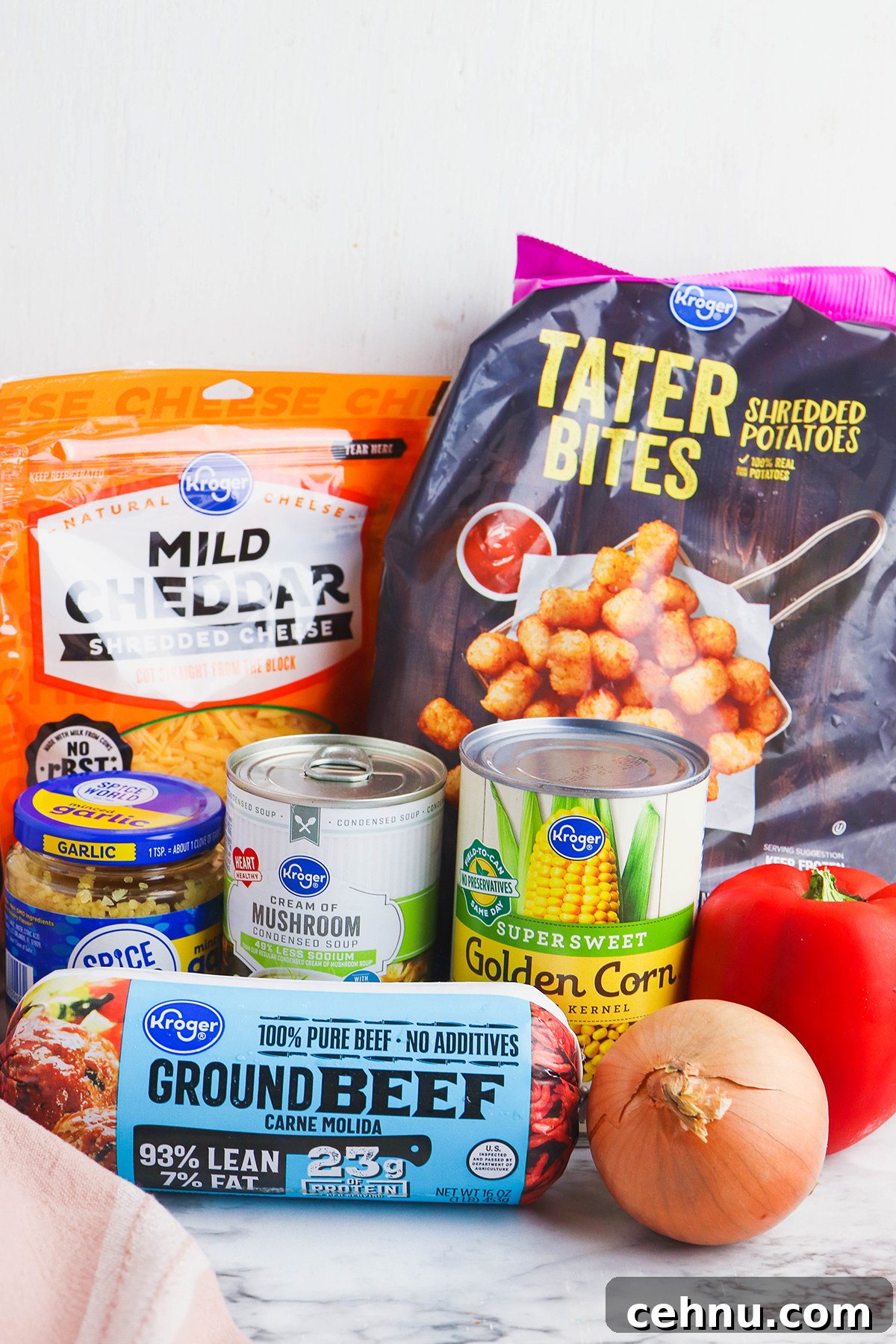 Cheesy Tater Tot Casserole with Ground Beef Recipe 4 All the ingredients for Casserole set out on counter.