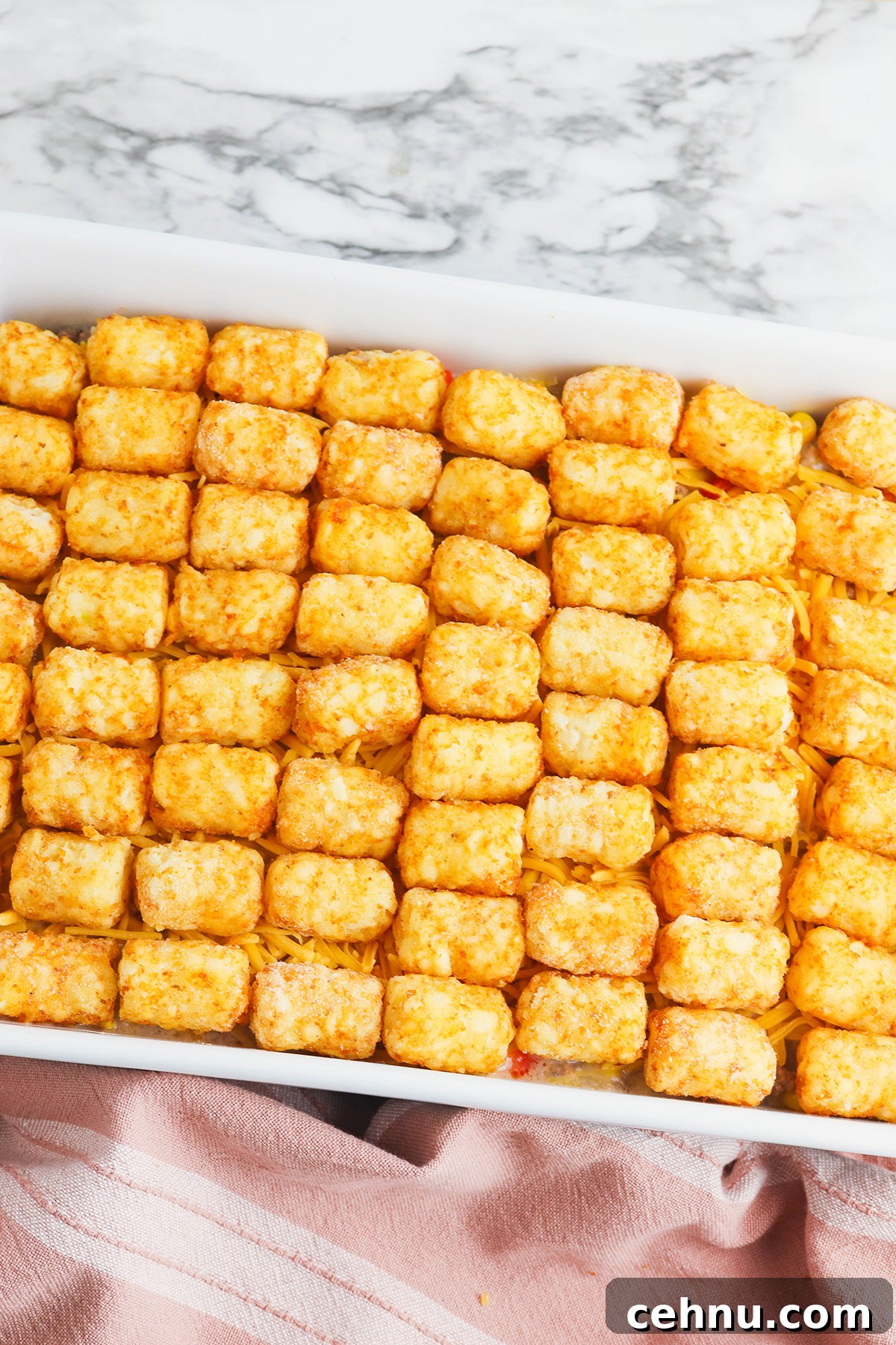 Cheesy Tater Tot Casserole with Ground Beef Recipe 9 Casserole filling topped with tater tots.