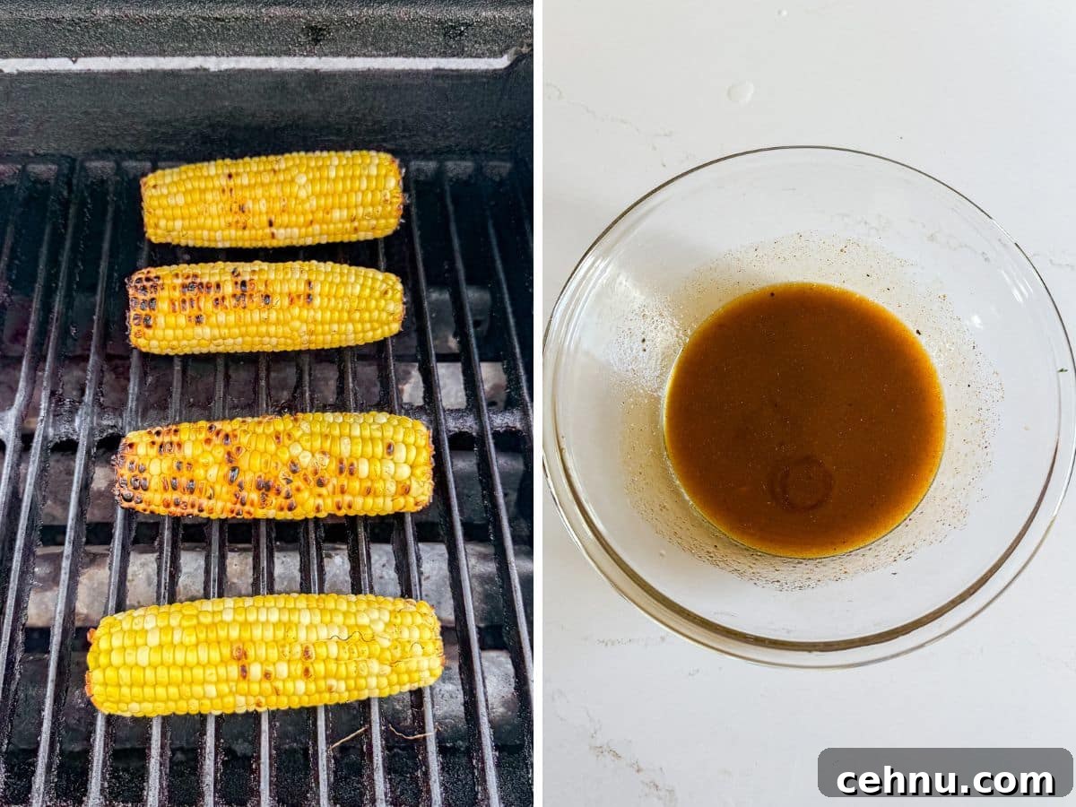 Corn grilling on the grill and dressing mixed together in a bowl.