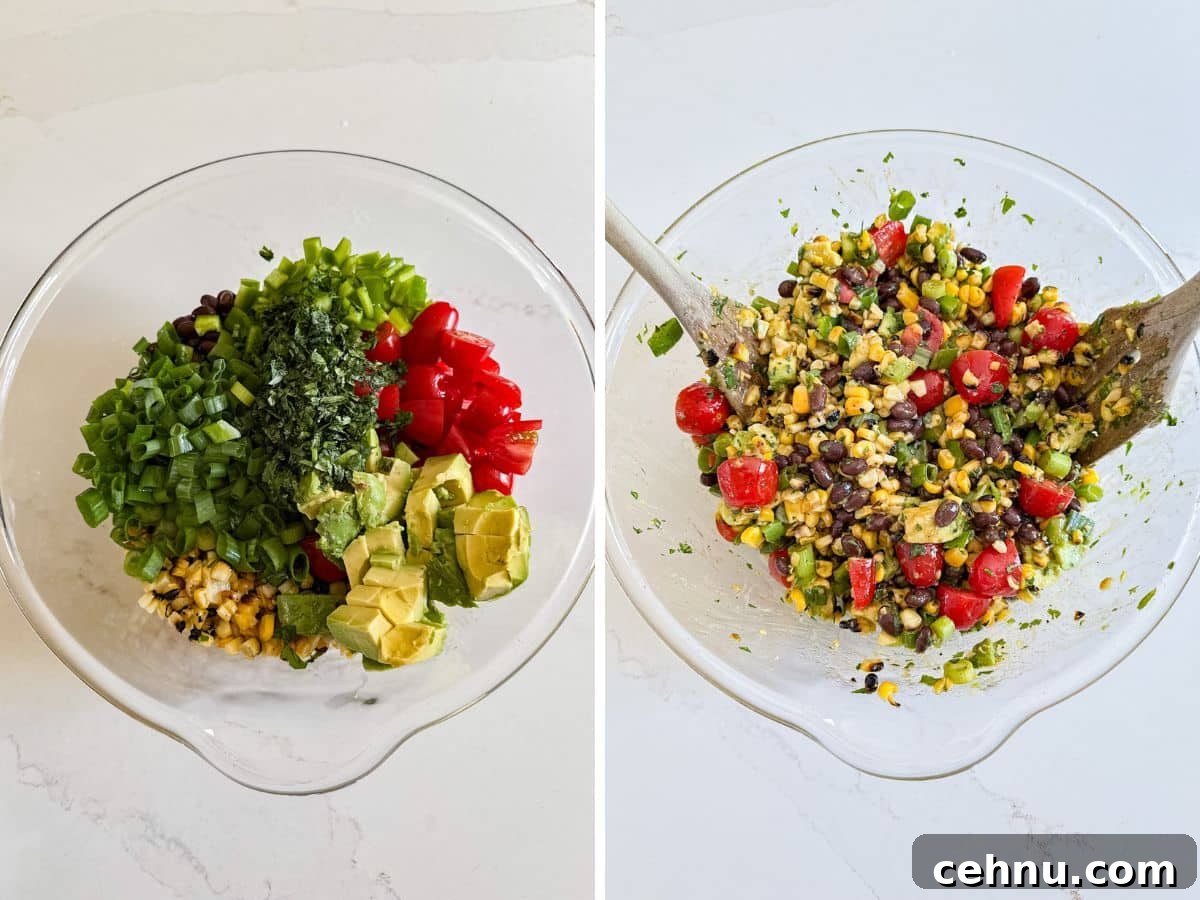 Vegetable ingredients in a large bowl and all ingredients and dressing tossed together in a bowl.