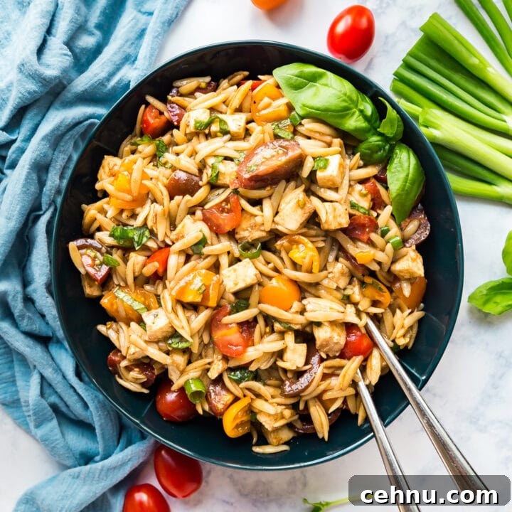 Caprese pasta salad with tomatoes, basil and mozzarella.